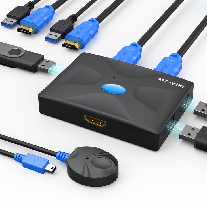 KVM Switch HDMI 2 Port, 4K@30Hz KVM Switch 2 Computers 1 Monitor +3 USB 2.0 Devices+2 KVM Cables