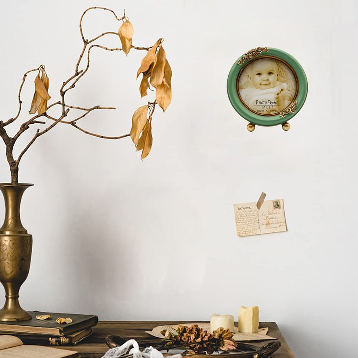 4x4 Picture Frames Small Vintage Picture Frames Green Round Picture Frame Circular Mini Picture Frame, Tabletop and Wall Mount (Green and Gold)