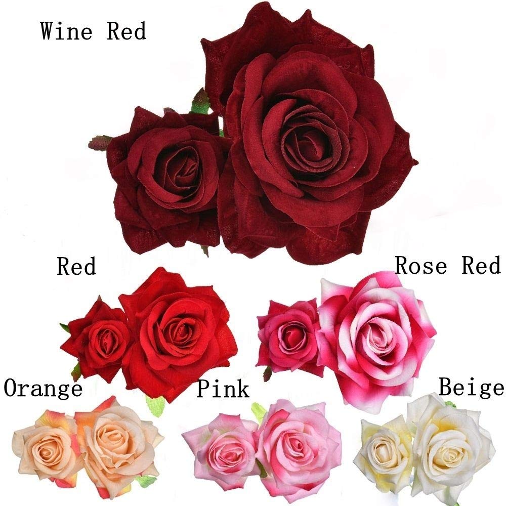 Ladies Handmade Flannel Elegant Pink Red Rose Hairpin Hair Clips Bridesmaid Head Piece Bridal Flower Hiar Clip Valentine's Day Gift (WINE RED)
