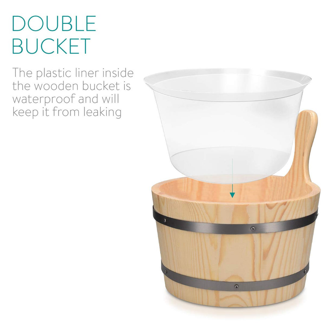 Wooden Sauna Bucket with Ladle - Essential Spa Accessory for Steam Room with 1.3 Gallon Pine Wood Bucket, Plastic Liner, Ladle, Sand Timer