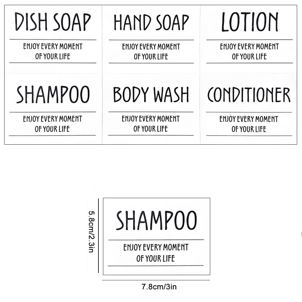 Printed Bathroom Labels Set 24PCS Waterproof Refillable Bottles Stickers for Dish Soap Body Wash Conditioner Shampoo Display White