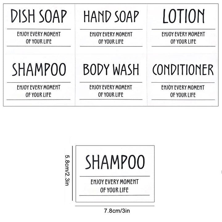 Printed Bathroom Labels Set 24PCS Waterproof Refillable Bottles Stickers for Dish Soap Body Wash Conditioner Shampoo Display White