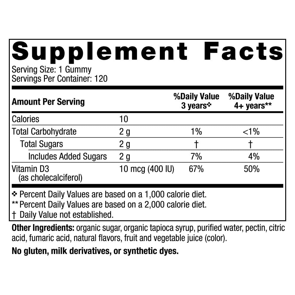 Vitamin D3 Gummies Kids, Wild Watermelon Splash - 120 Gummies - 400 IU Vitamin D3 - Bone Health, Healthy Immunity - Non-GMO, Vegetarian - 120 Servings