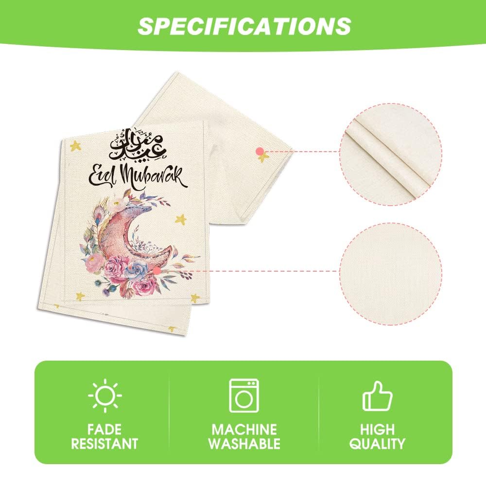 Pink Moon Flowers Stars Ramadan Eid Table Runner, Seasonal Summer Holiday Kitchen Dining Table Runners for Home Party Decor 13 x 72 Inch