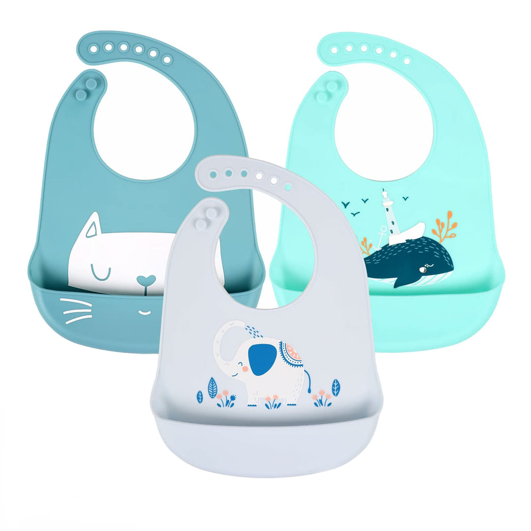 Baby Bibs Silicone Feeding Bibs, Weaning Waterproof Bibs with Food Crumb Catcher Pocket Baby Bibs Easily to Clean, Comfortable and Foldable