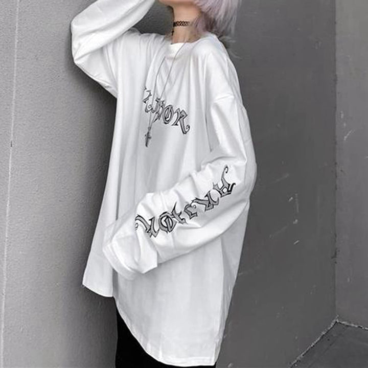 Gothic Cartoon Horror Graphic T-Shirt Women Character Print Loose Punk Japanese Pullover Top Harajuku Street Tees (White, L)