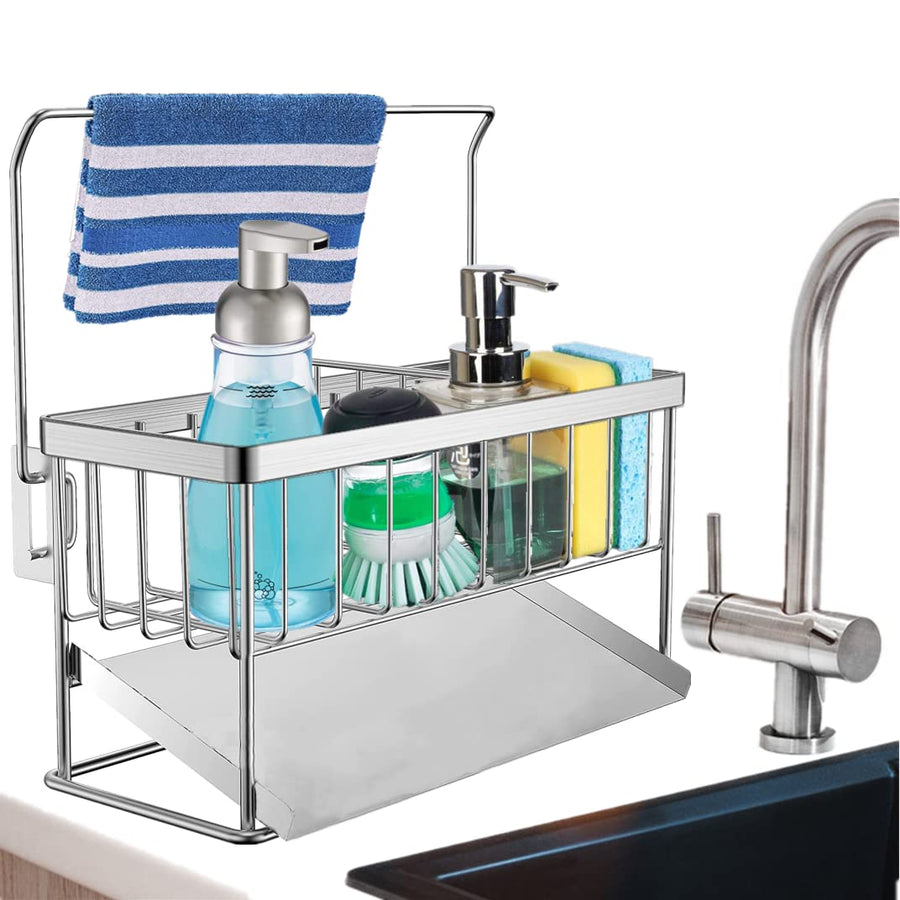 Kitchen Sink Caddy Organizer, 304 Stainless Steel Sponge Holder Sink Caddy for Dish Rags Brush Soap Scrubber with Auto Drain Tray