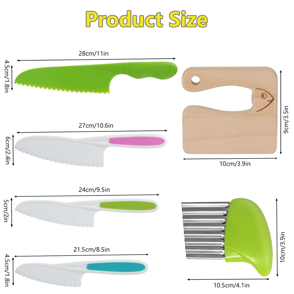 6 Pieces Wooden Kids Knife for Cooking, Kid Safe Knives Cutting Veggies Fruits Include Wood Kids Knife Plastic Potato Slicers Serrated Edges Knives Sets for Toddler Kitchen Children