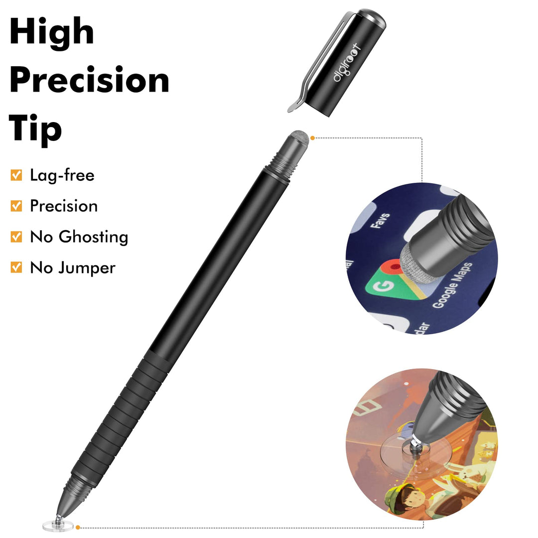 Digiroot Universal Stylus,[2-in-1] Disc Stylus Pens for All Touch Screens Cell Phones, iPad, Tablets, Laptops with 6 Replacement Tips(4 Discs, 2 Fiber Tips Included) - (Black)