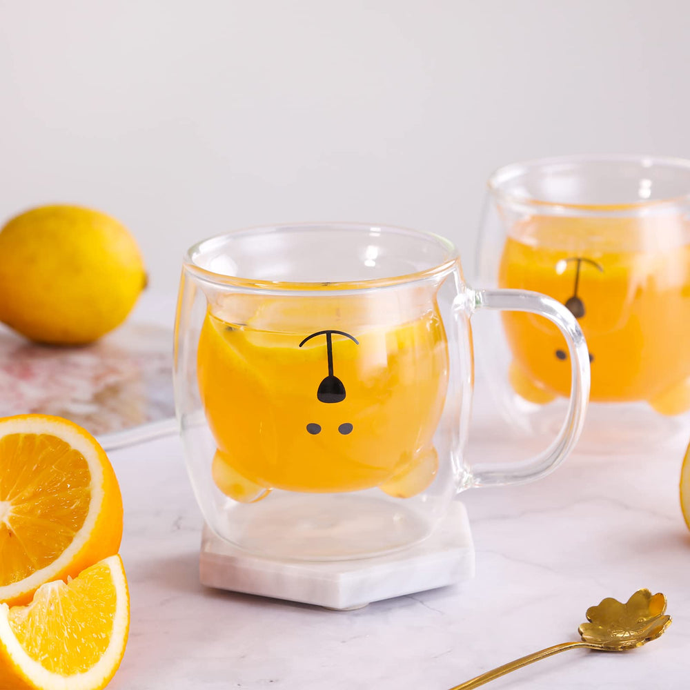 Cute Bear Mugs Set of 2 Cute Cups Bear Tea Coffee Cup with Handle 8.5oz Milk Cup Double Wall Insulated Glass Espresso Cups Glass Gift for Birthday Valentine's Day and Office (White Bear)