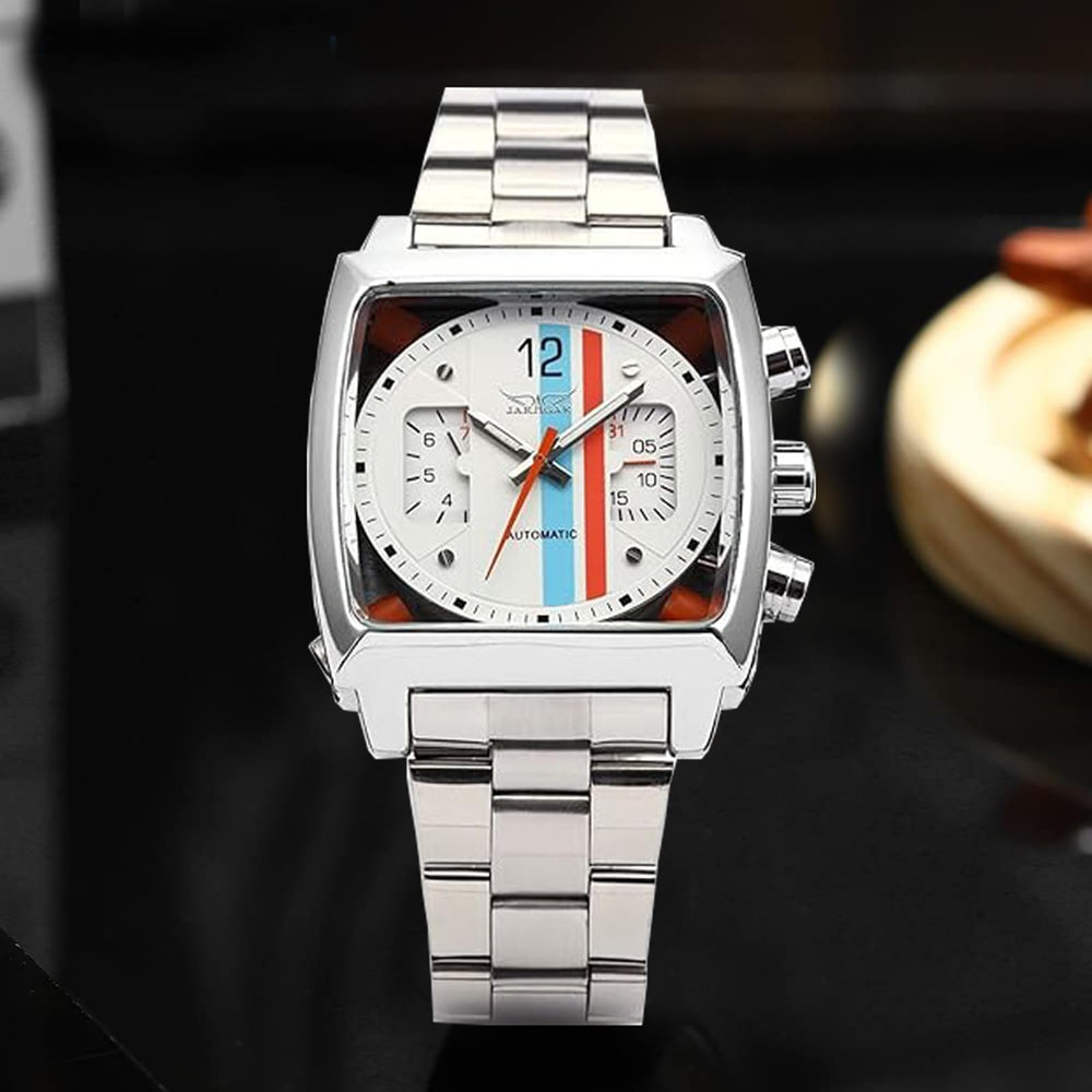 Mens Outdoor Sports Automatic Mechanical Analog Date Day Army Silver Stainless Steel Wrist Watch