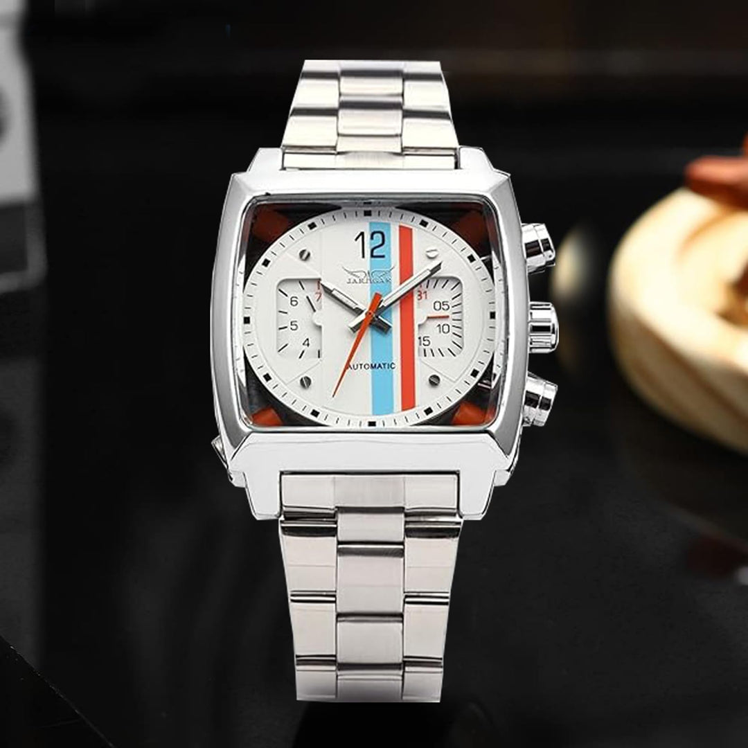 Mens Outdoor Sports Automatic Mechanical Analog Date Day Army Silver Stainless Steel Wrist Watch