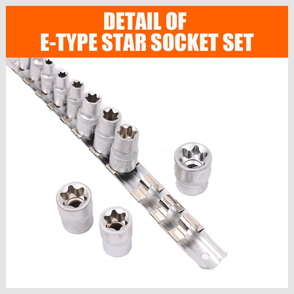 11 Pc Female E Torx Star Socket Set/Rail, Female External Star Socket Set E4 - E20 Torque Socket Set