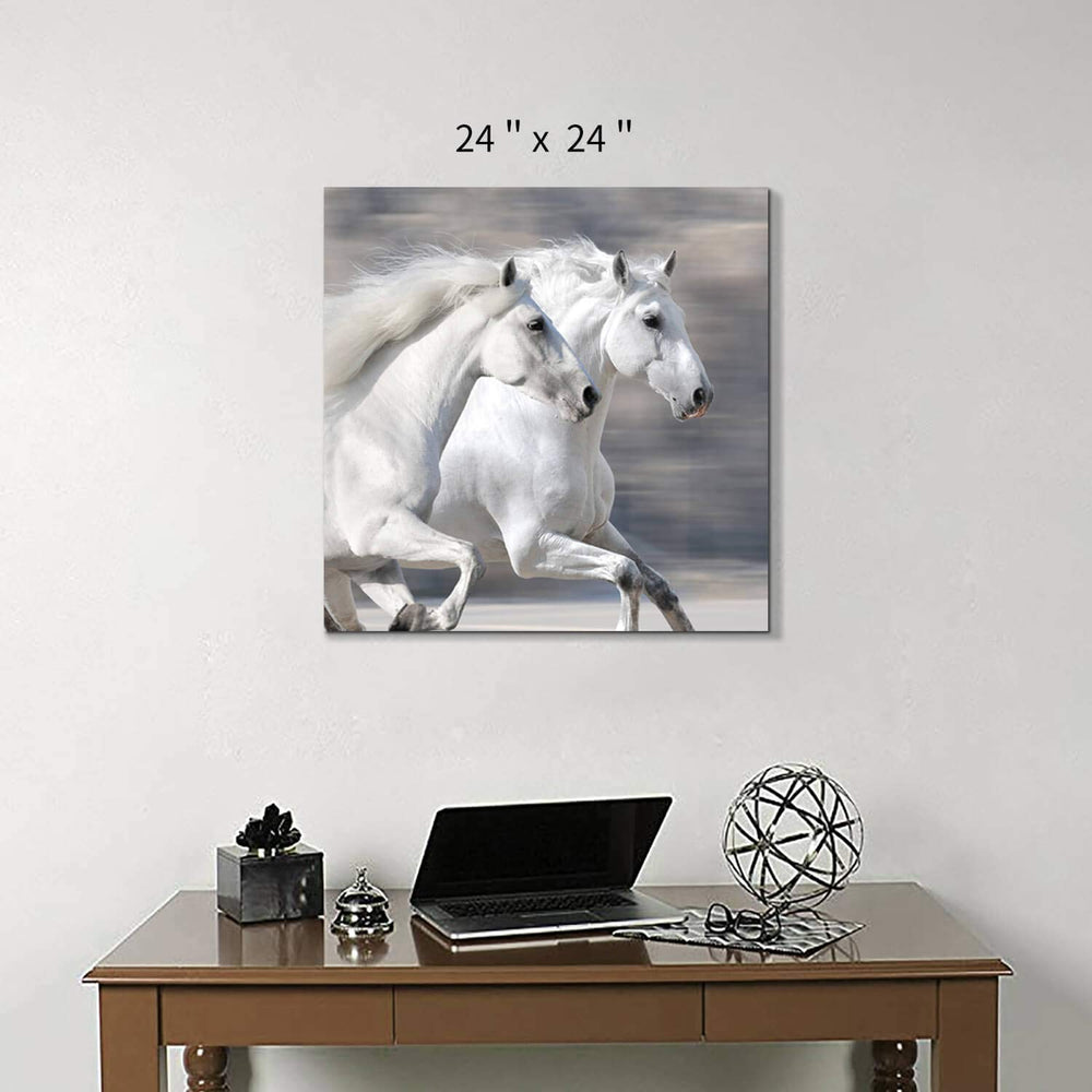White Horse Picture Wall Art: Running Animal Artwork Painting Print on Wrapped Canvas for Living Room or Office (24'' x 24'')