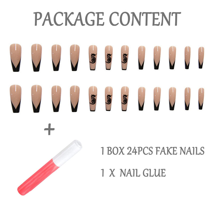 Coffin Press on Nails Long French Nails Glossy Ballerina Black Fake Nails False Nails with Designs Dragon Pattern Acrylic Nails for Women and Girls