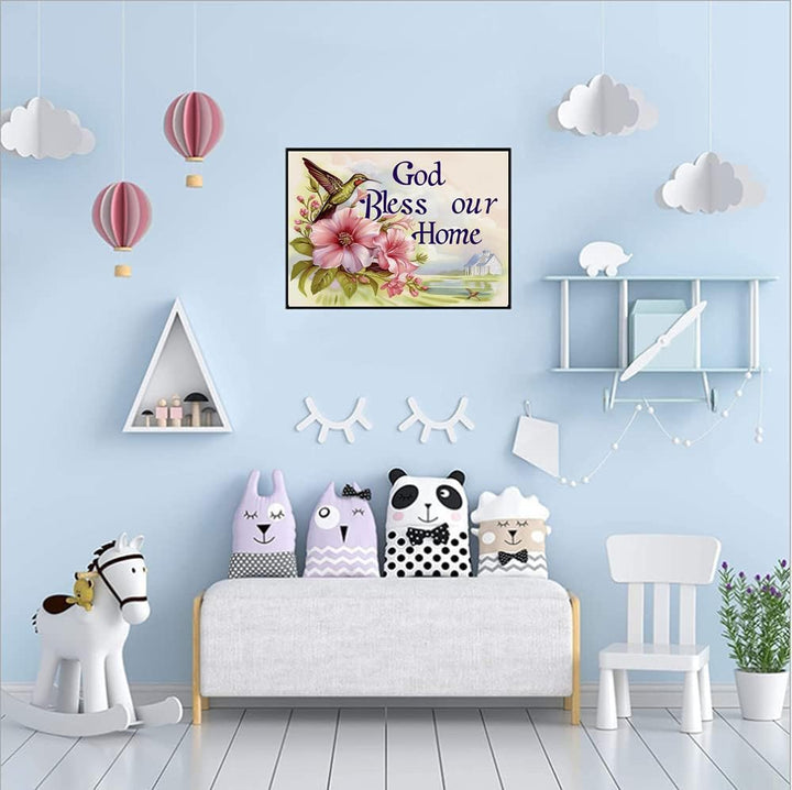 Round Full Drill Diamond Painting Set, 5D God Bless Our Home Paint with Diamonds God Bless Home Diamond Art Painting by Numbers Adult Beginner Diamond Painting Room Decor (16X12 inches)