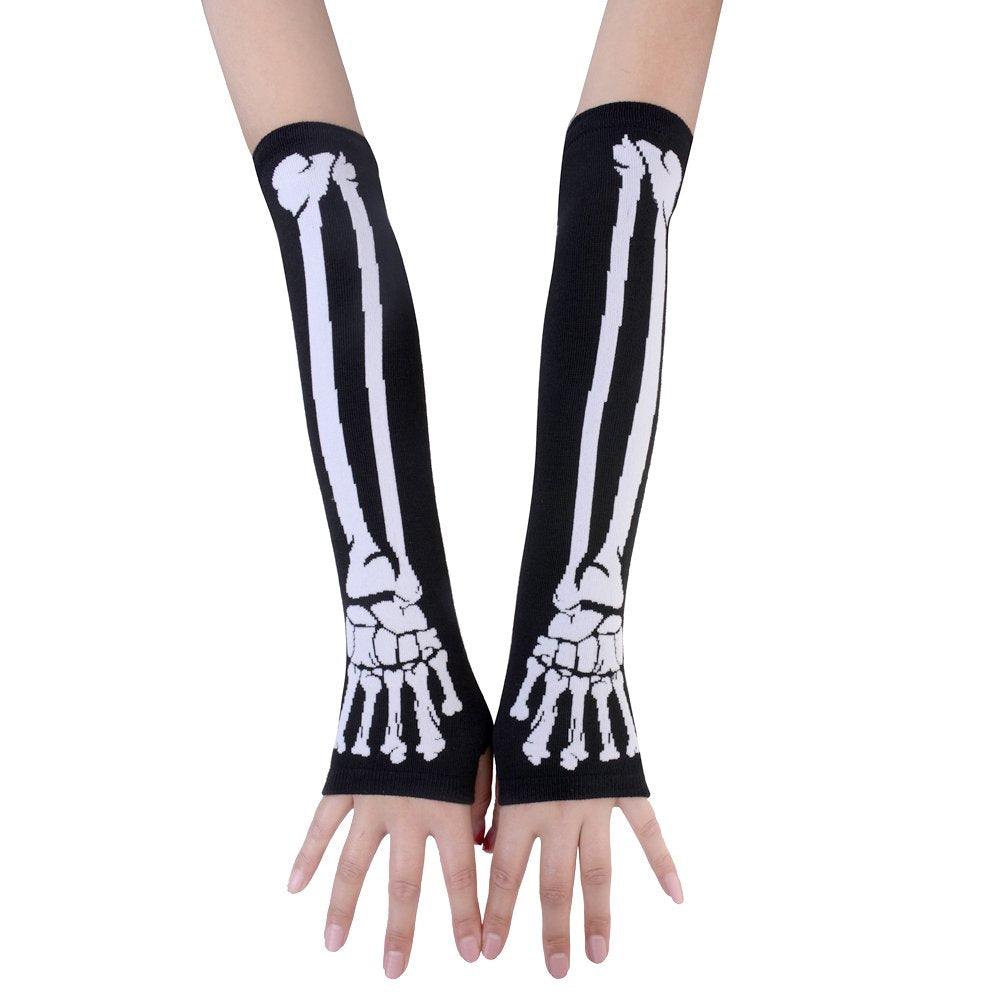 Women Punk Winter Arm Warmer Knitted Stretchy Soft Fingerless Gloves White Skeleton