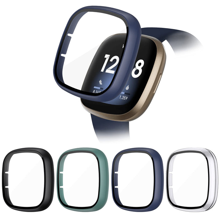 NANW 4-Pack Hard PC Screen Protector Compatible with Fitbit Versa 3/Sense, Built in 9H Tempered Glass Case, Full Coverage Protective Bumper, Sensitive Cover for Versa 3 /Sense Smartwatch Only