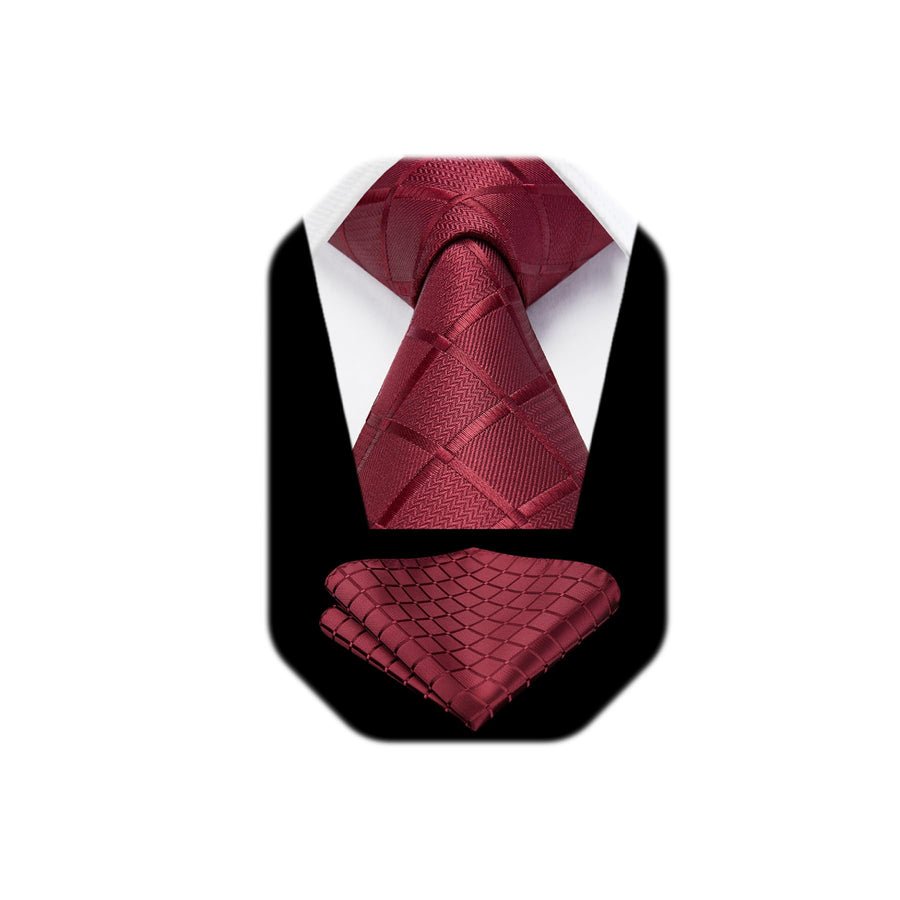 HISDERN Red Ties for Men Plaid Tie with Pocket Square S