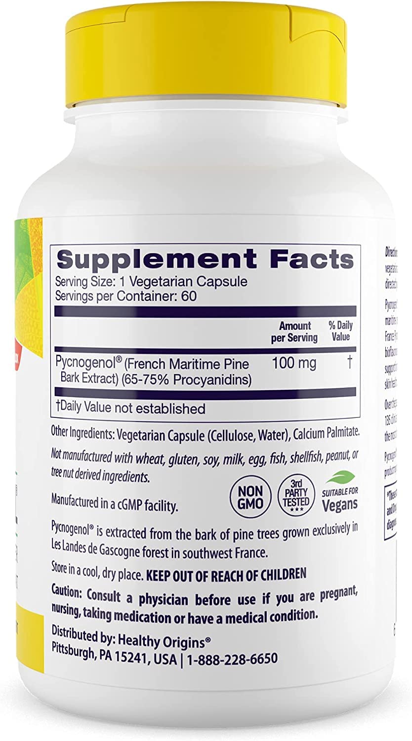 Pycnogenol 100 mg - Premium Pine Bark Extract - French Maritime Pine Bark Extract for Heart Health, Skin Care &amp; More - Gluten-Free &amp; Non-GMO Supplement - 60 Veggie Caps