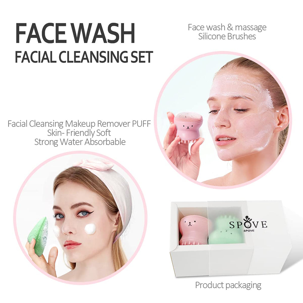 2pcs Jellyfish Silicone Manual Facial Cleansing Brush Sets + 2pcs Cleansing Sponge Facial Flutter Wash Face Pad Brushes, Silicone Handheld Face Brush, Massage,