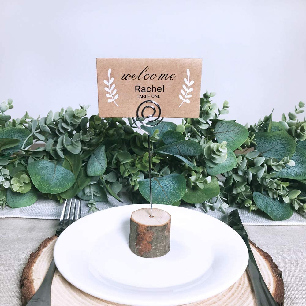 30 Pcs Rustic Wood Place Card Holders with Swirl Wire Wooden Bark Memo Holder Stand Card Photo Picture Note Clip Holders 5.8 and Kraft Place Cards Bulk for Wedding Party Table Number Name Sign