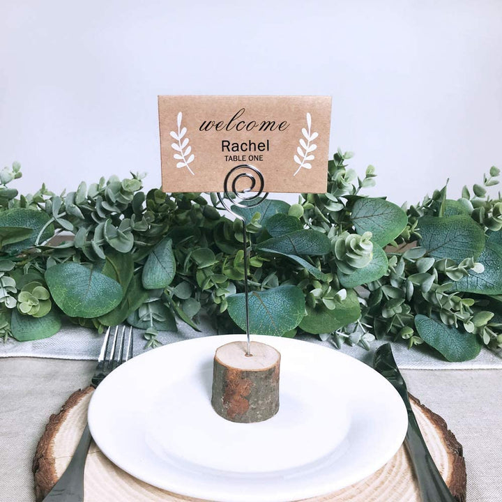30 Pcs Rustic Wood Place Card Holders with Swirl Wire Wooden Bark Memo Holder Stand Card Photo Picture Note Clip Holders 5.8 and Kraft Place Cards Bulk for Wedding Party Table Number Name Sign
