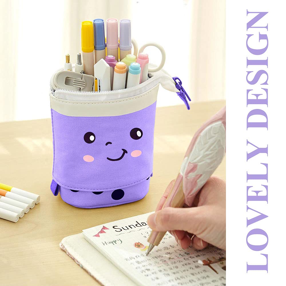 Milktea Cute Standing Pencil Case for Kids, Pop Up Pencil Box Makeup Pouch, Stand UP Christmas Gift Kids Pen Holder Organizer Cosmetics Bag, Kawaii Stationary (Purple)