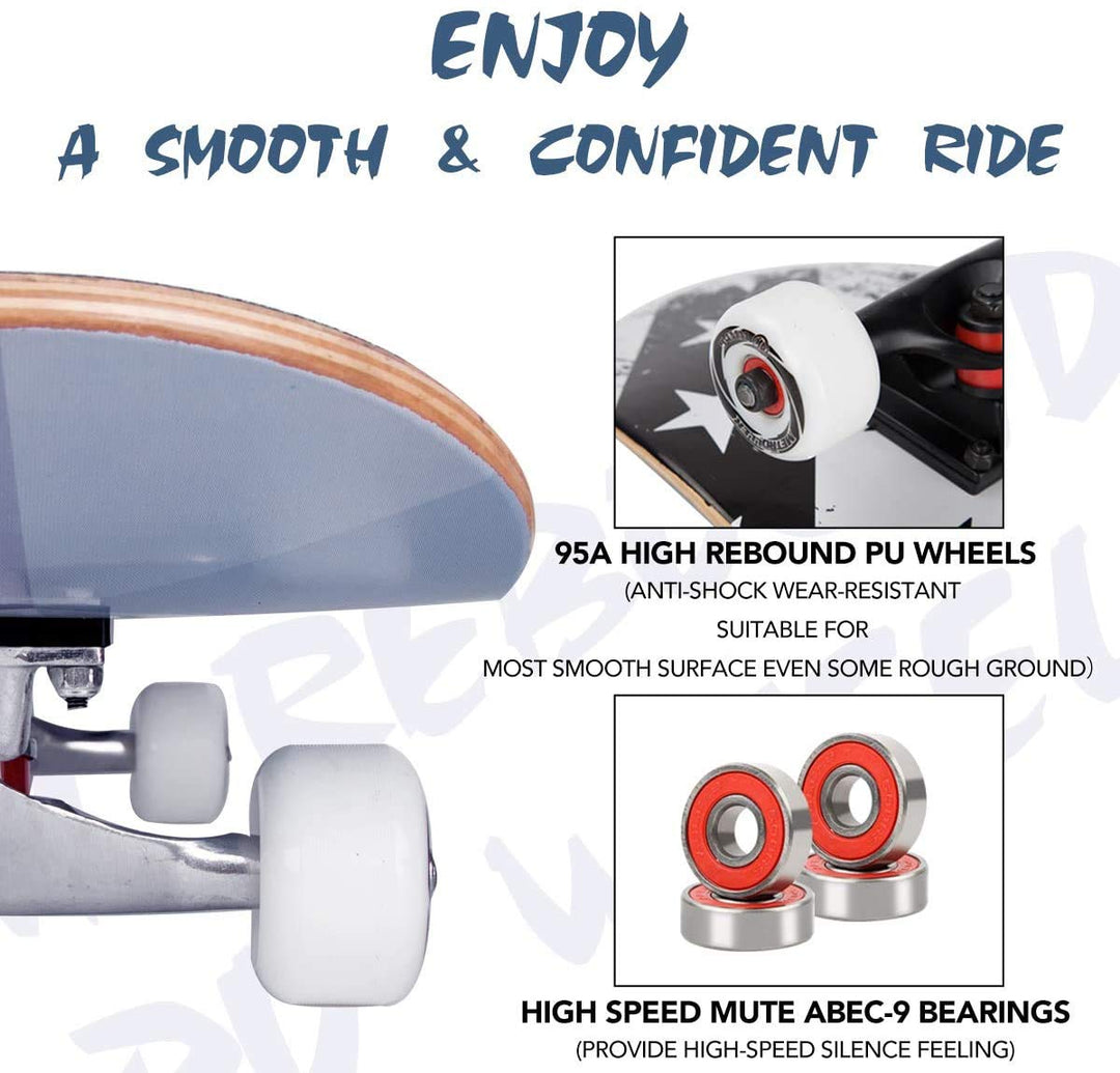 Skateboards for Beginners,31 x 8 Complete Standard Skate Boards for Girls Boys, 7 Layer Canadian Maple Double Kick Concave Skateboard for Kids Youth Teens Adults