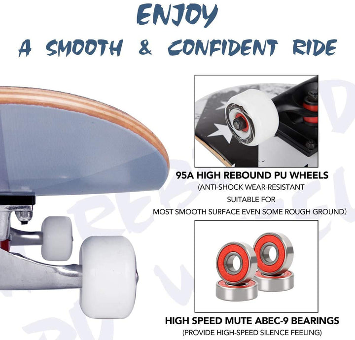 Skateboards for Beginners,31 x 8 Complete Standard Skate Boards for Girls Boys, 7 Layer Canadian Maple Double Kick Concave Skateboard for Kids Youth Teens Adults