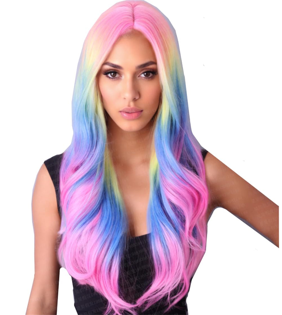New 27.56'' Long Multicolor Wavy Gradient Spring Bouquet Cosplay Wig Rainbow Colorful Fiber Synthetic Wig For Women