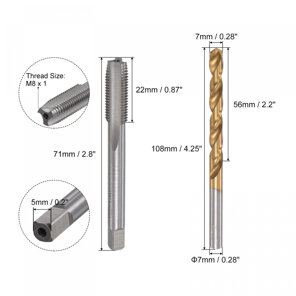 M8 x 1 Straight Flute Thread Tap and 7.0mm Twist Drill Bit Set, Metric Titanium Plated 6542 High Speed Steel Machine Screw Thread Tap Threading Drilling Tool