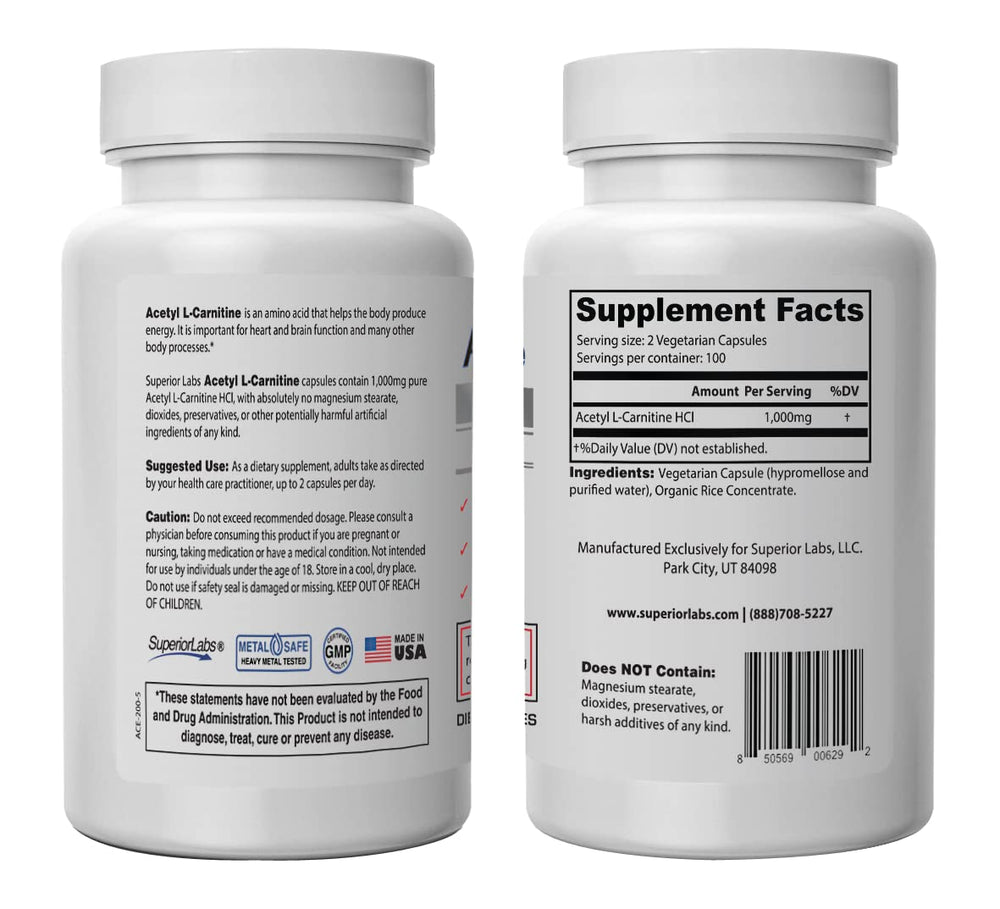 | Acetyl L-Carnitine 1000mg | 200 caps | Maximum Absorption | Pure Vegetable Capsules | Zero Synthetic Additives | Superior Absorption