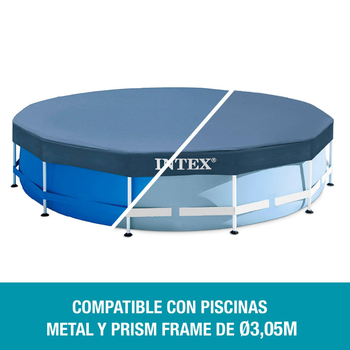 INTEX 28030E Pool Cover: For 10ft Round Metal Frame Pools – Includes Rope Tie – Drain Holes – 10in Overhang – Snug Fit