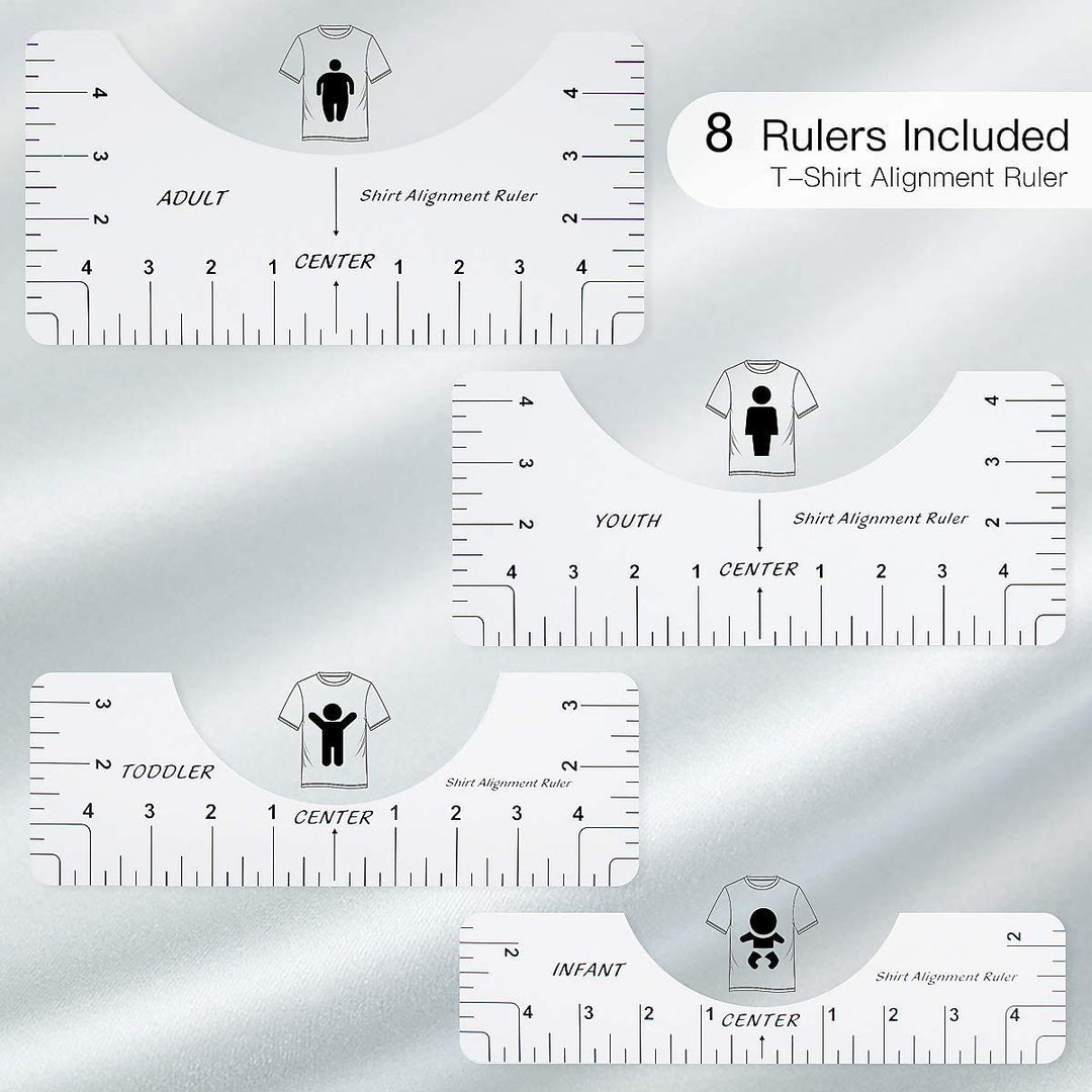 8 Pack T Shirt Alignment Ruler with 1 Piece Measuring Ruler, Craft Ruler with Guide Tool for Making Fashion Center Design, Adult Youth Toddler Infant