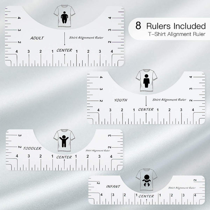 8 Pack T Shirt Alignment Ruler with 1 Piece Measuring Ruler, Craft Ruler with Guide Tool for Making Fashion Center Design, Adult Youth Toddler Infant