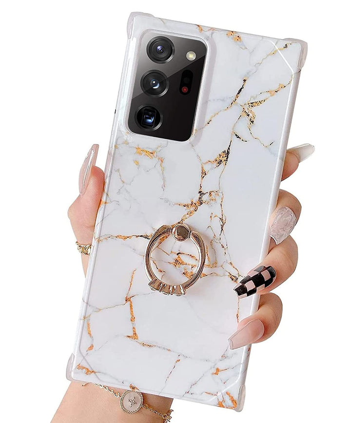 for Samsung Galaxy Note 20 Ultra Case with Ring Holder Diamond Rhinestone Marble Cute Luxury Chic Glitter Bling Silicone Protective Phone Case for Samsung Galaxy Note 20 Ultra White Marble