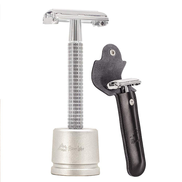 Safety Razor/shaver/shaving tool/Butterfly men&#39;s razor Kit, Chrome Long Handle Butterfly Open Double Edge Safety Razor Men&#39;s Shaver (1 Razor, 1 H3 Razor Stand and 1pc Genuine Leather Case)