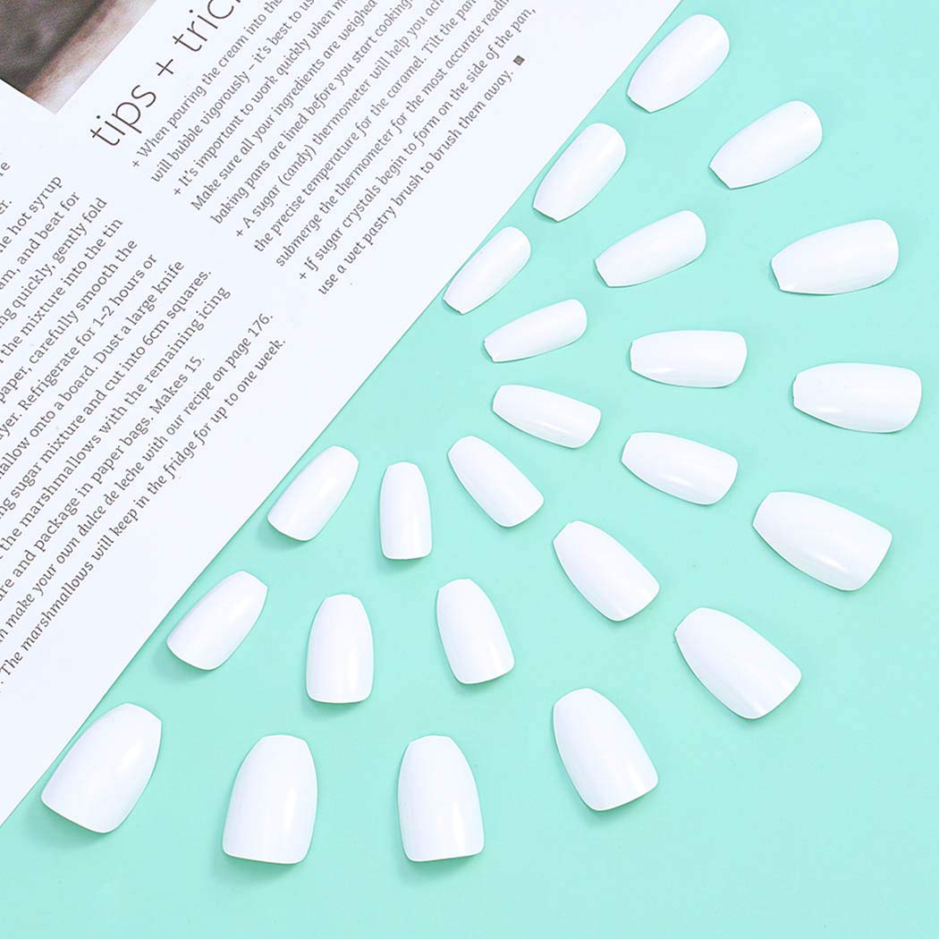 Awanka Coffin White Press on Nails Medium Length Fake Nails Ballerina Glossy False Nail Art Tips Artificial Stick on Nails Full Cover Instant Nails Acrylic Nails Manicure for Women and Girlsï¼Ë†24P