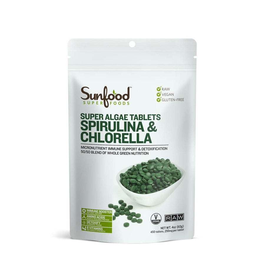 Sunfood Chlorella Spirulina Tablets - Spirulina and Chlorella Capsules, Chlorella Powder Pills, Green Algae Supplement Rich in Chlorophyll, Broken Cell Wall, Vegan - 2 oz Bag