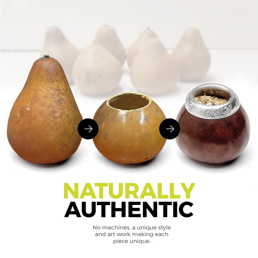 Balibetov Yerba Mate Gourd Set (Original Natural Handmade Yerba Mate Cup Argentina) - Includes Mate Tea Cup, Bombilla (Yerba Mate Straw) and Clean Brush (Brown)