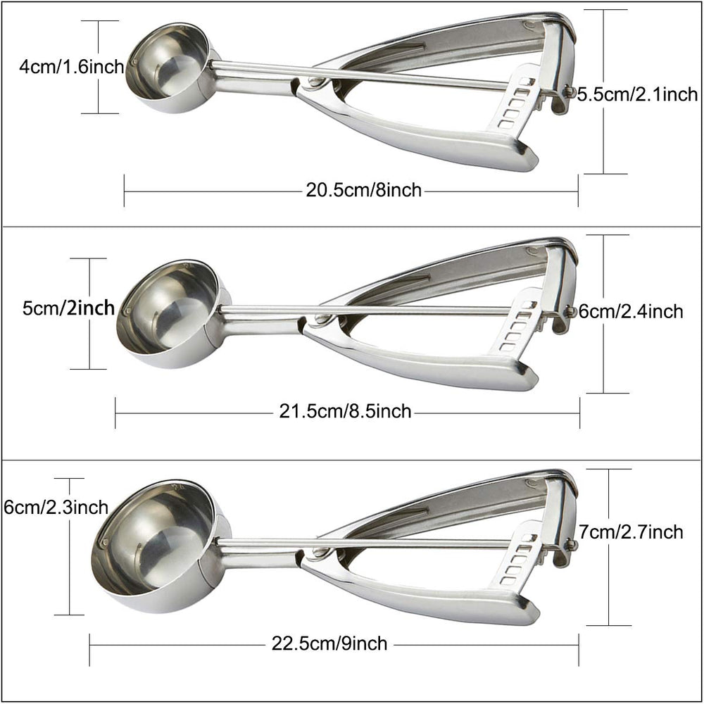Cookie Scoop Set - #60/1 Tbsp, #40/2 Tbsp, #20/ 3Tbsp - 3 PCS Cookie Scoops for Baking Set of 3 - Cookie Dough Scoop - Made of 18/8 Stainless Steel