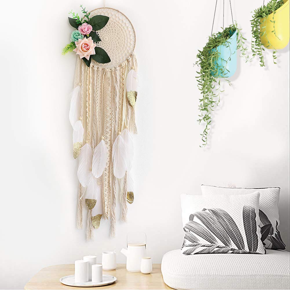 Dream Catcher for Kids Bedroom White and Gold Feather Dream Catchers with Flowers Wall Decor Handmade Room Hanging Wedding Decoration Crafts Gift