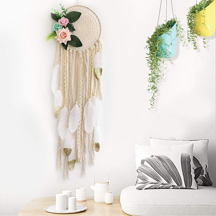 Dream Catcher for Kids Bedroom White and Gold Feather Dream Catchers with Flowers Wall Decor Handmade Room Hanging Wedding Decoration Crafts Gift