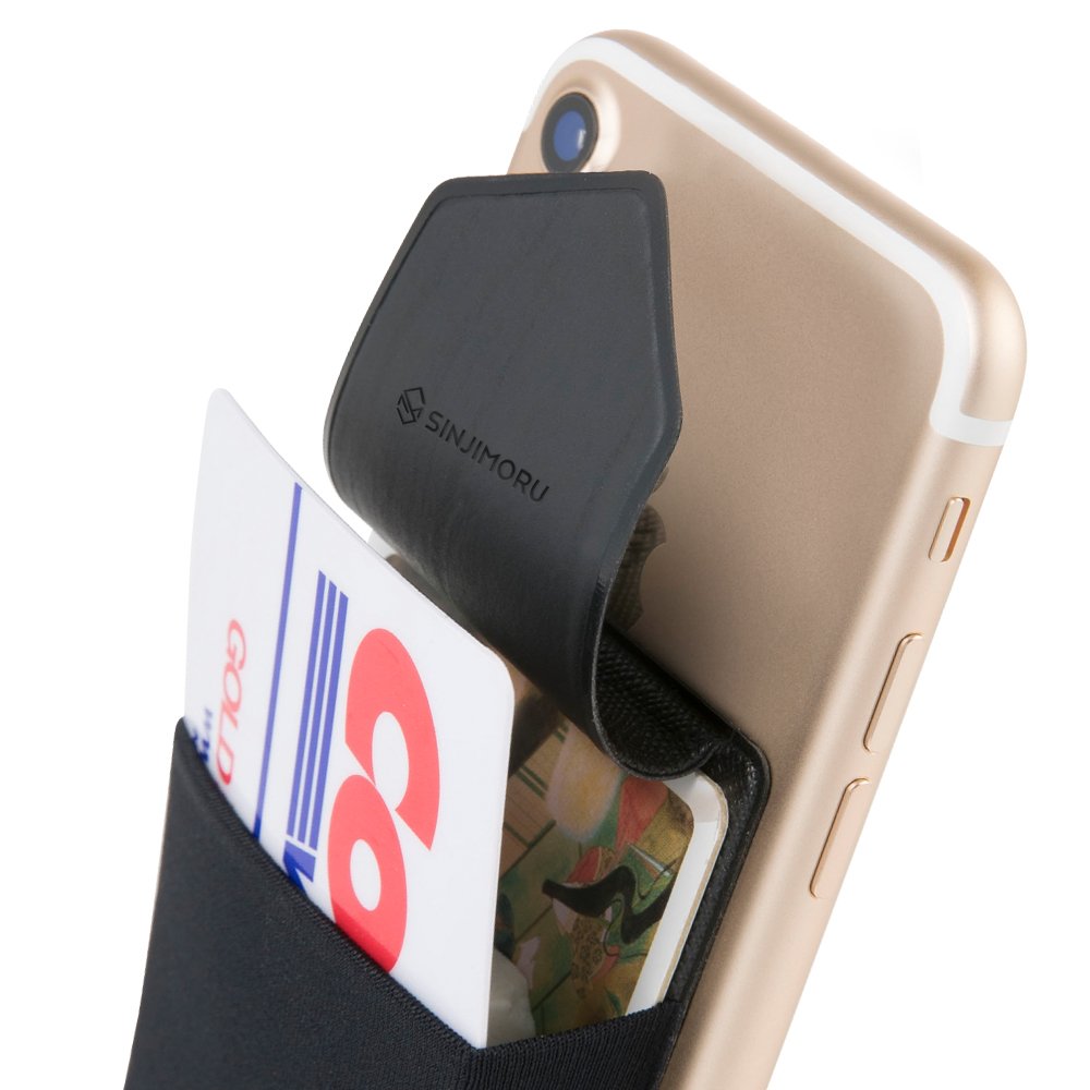 Secure Card Holder for Back of Phone, Stretchy Fabric Cell Phone Wallet Stick On Credit Card Case for iPhone &amp; Android. Sinji Pouch Flap Black