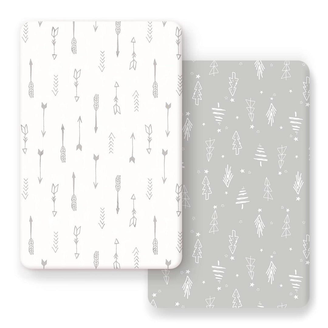 Stretchy Ultra Soft Jersey Knit Fitted Pack n Play Sheets Set 2 Pack, Portable/Mini Crib Sheets, Christmas Trees and Arrows for Girls and Boys
