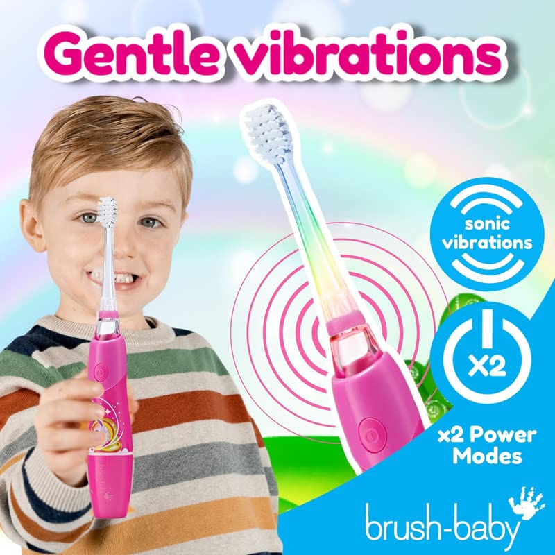 Brush Baby KidzSonic Toddler and Kid Electric Unicorn Toothbrush for Ages 3+ Years - Disco Lights, Gentle Vibration, and Smart Timer Provide a Fun Brushing Experience - 3+ yrs with Brush Heads