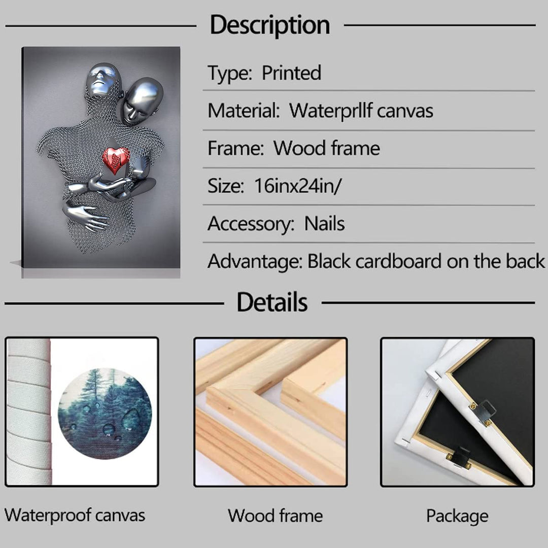 Bedroom Wall Decor,Framed Romantic Couple Living Room Canvas wall art,Love Heart 3D Metal Sculpture Effect,Black and White Modern Abstract hug Lovers Painting Picture Poster Prints for Bathroom Hotel