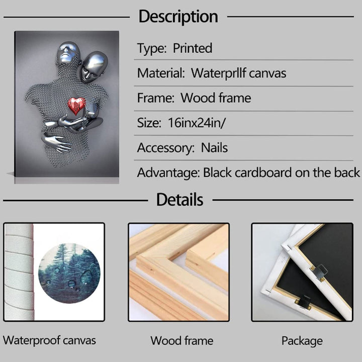 Bedroom Wall Decor,Framed Romantic Couple Living Room Canvas wall art,Love Heart 3D Metal Sculpture Effect,Black and White Modern Abstract hug Lovers Painting Picture Poster Prints for Bathroom Hotel