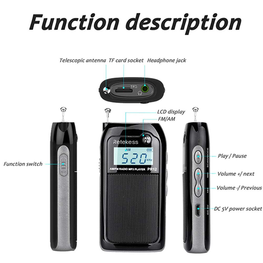 Retekess PR12 Digital Radio, Pocket Radio AM FM, Mini R